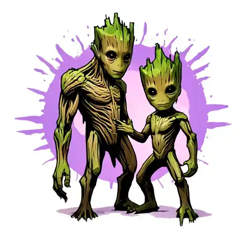 baby groot playing standing with drax standing in the middle tattoo design idea