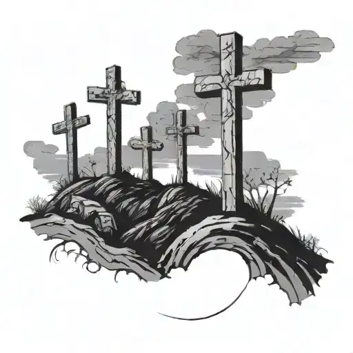 3 crosses on a hill, the middle one sticking out more, simplistic design with clouds in the sky tattoo design idea