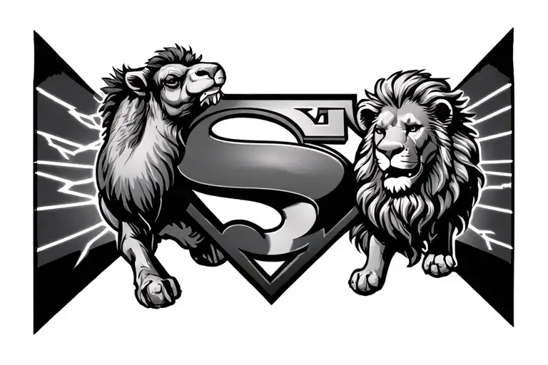 symbol of the superman: camel, lion, child, eternal recommencement, lightning, little piece for elbow tattoo design idea
