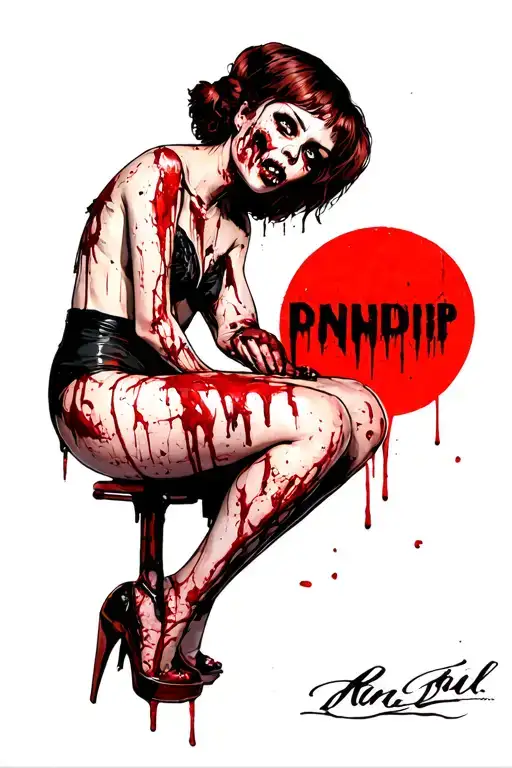 zombie girl bloody posing like 1950"s pin up girl tattoo design idea
