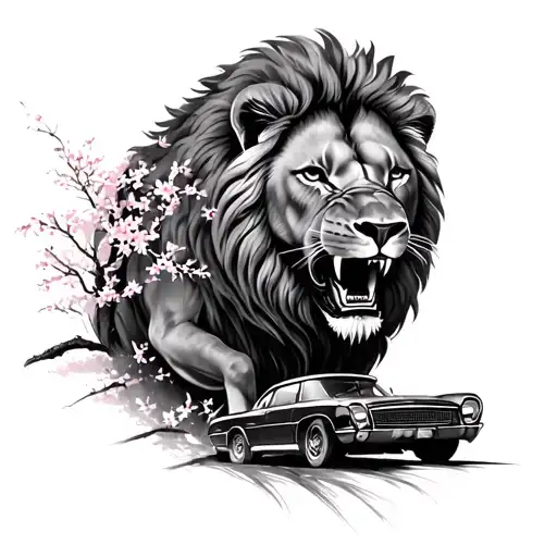 Black and gray realistic tattoo of a roaring lion, lone figure, winding road, car, cherry blossom. No background tattoo design idea