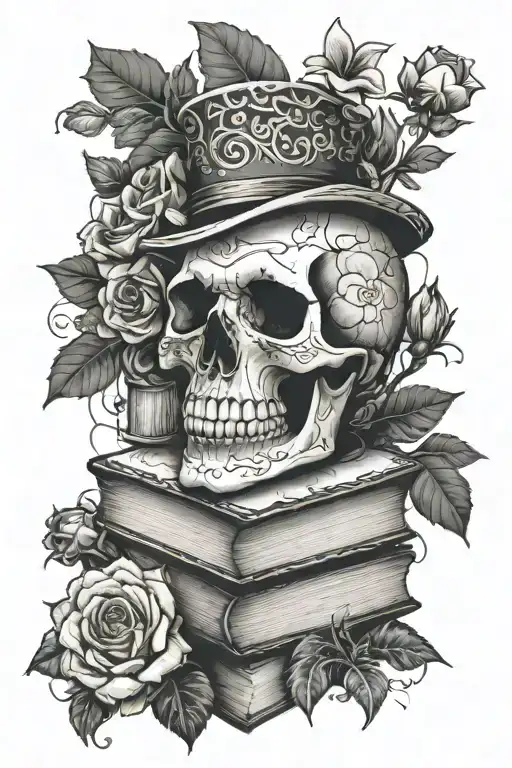 skull on a stack of books surrounded by flowers and spider webs  tattoo design idea
