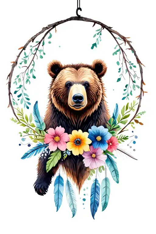 grizzly bear with flowers and feathers hanging tattoo design idea