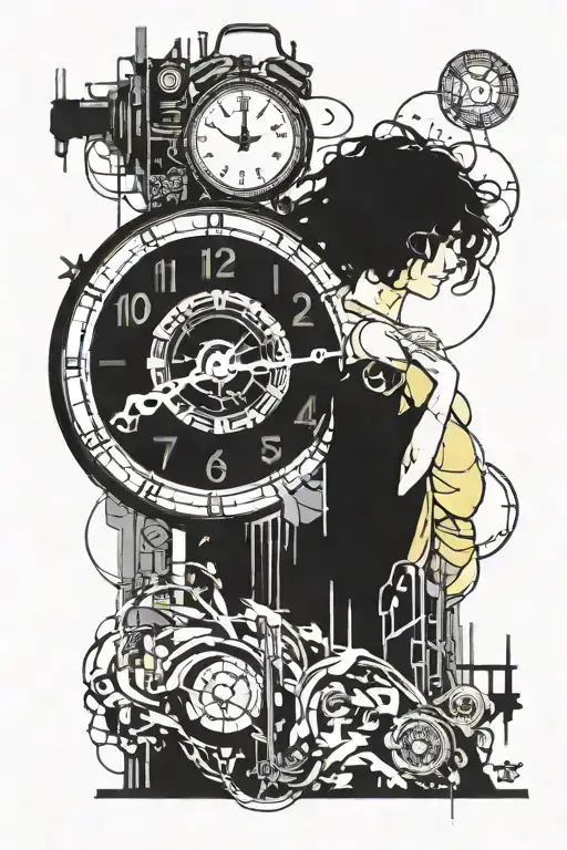 melting clock and Banksy girl tattoo design idea
