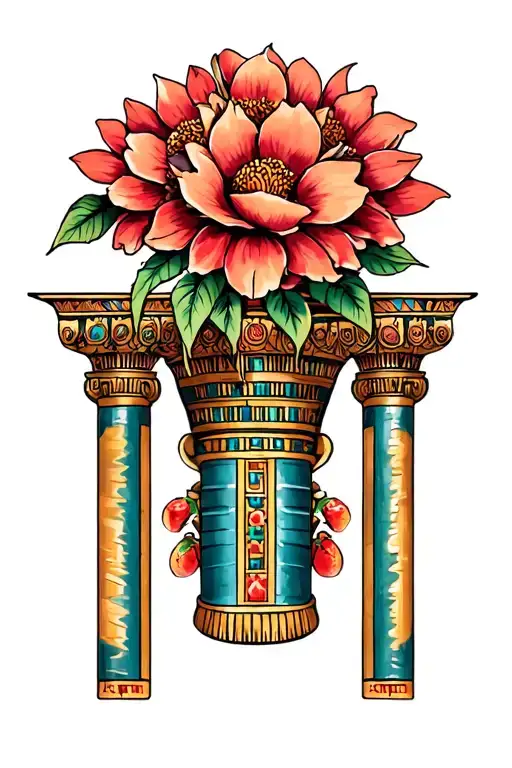 Egyptian pillar topped with huge flowers pomegranate tattoo design idea