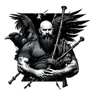 bald bagpiper with black beard with crow featherd muscular body with a mans head and hands playing blackbagpipes tattoo design idea