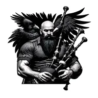bald bagpiper with black beard with crow featherd muscular body with a mans head and hands playing blackbagpipes tattoo design idea