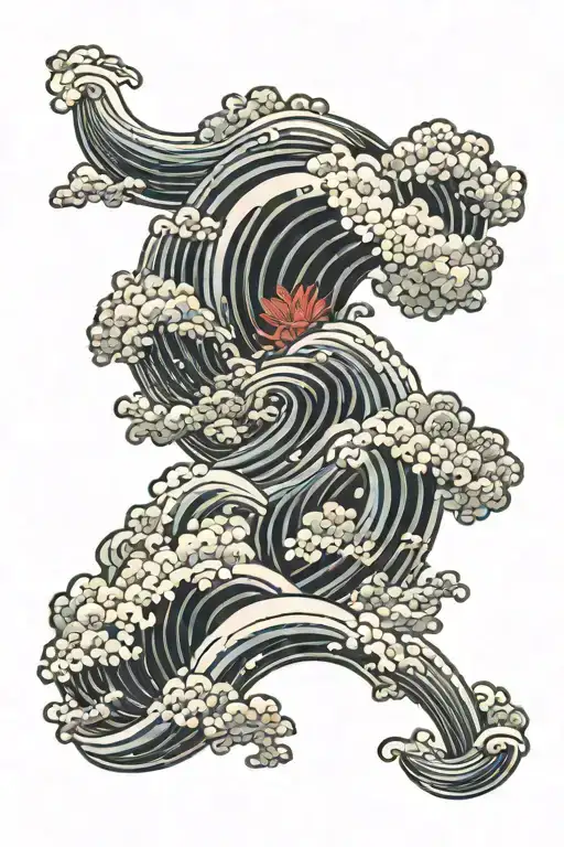 Waves, clouds, flowers japanese style tattoo design idea