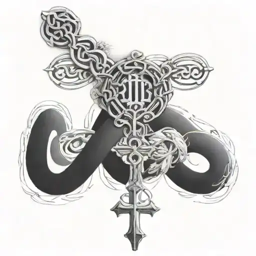 infinite rosary with blessed word written on neck turns tattoo design idea