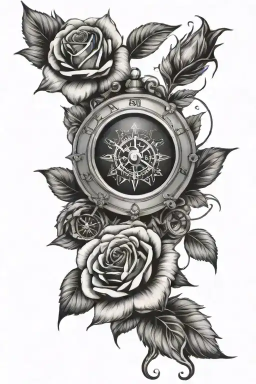 Rose, clock, compass, face tattoo design idea