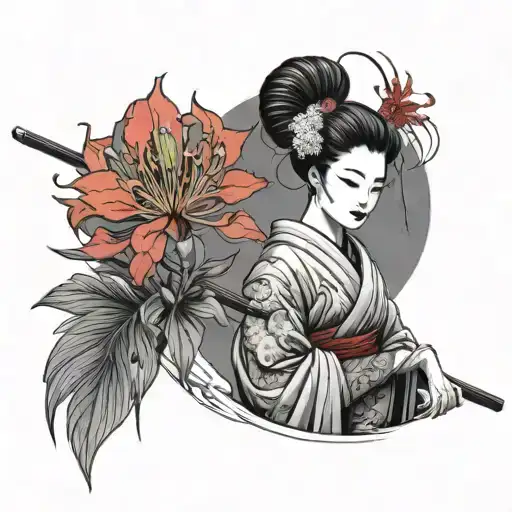 red spider lily and geisha holding a katana tattoo design idea