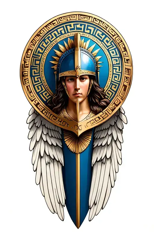 Nice of Athena + Round Shield with Greek pattern + Corinthian helmet + Angel wing tattoo design idea
