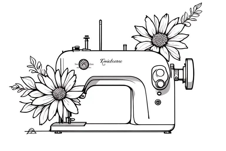 sewing machine with cosmos flower tattoo design idea