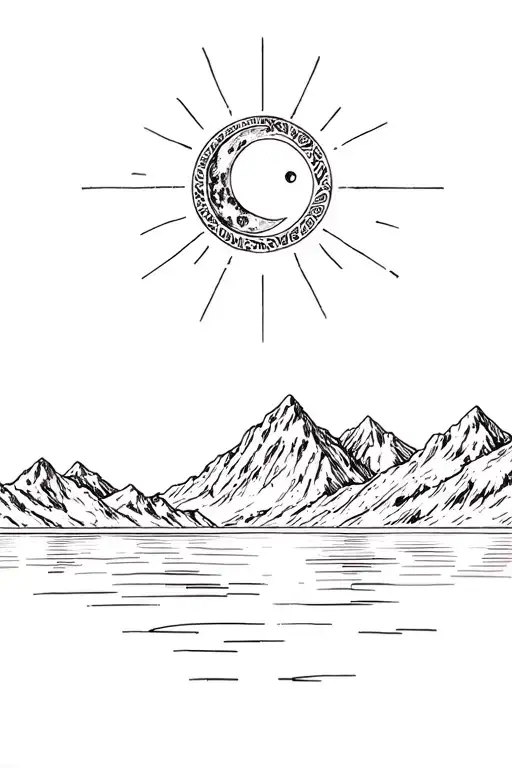 Mountain, sun rays, moon, ursa major, circlet, elegant fine ornamental lake reflection tattoo design idea