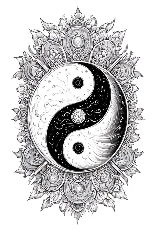 The black and white yin / yang symbol, surrounded by the 8 points of the Dharma Wheel tattoo design idea