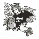 ANGEL CARTOON WITH WINGS, WITH AN INNOCENT FACE, CARRYING A BAG OF MARIJUANA IN HIS HAND tattoo design idea