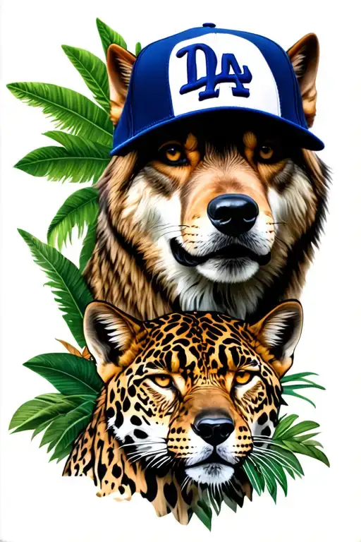 Bulddog with the Dodgers cap below two wolves brothers below a jaguar in the jungle down Antonella tattoo design idea