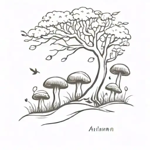 autumn tree with mushrooms around it tattoo design idea