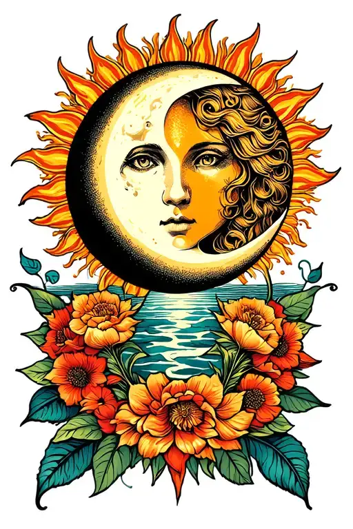 Sun wrapped around moon tattoo design idea