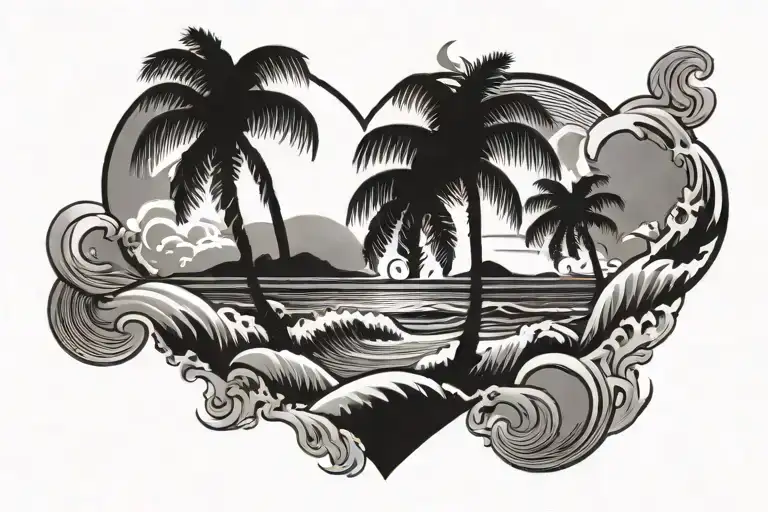 waves palmtree and heart shape tattoo design idea