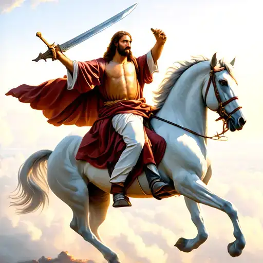 Jesus with a sword riding a white horse in the sky tattoo design idea
