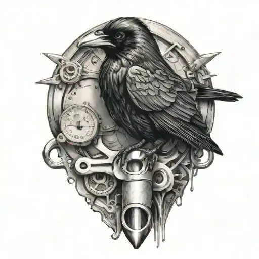 raven perched mechanics wrench tattoo design idea