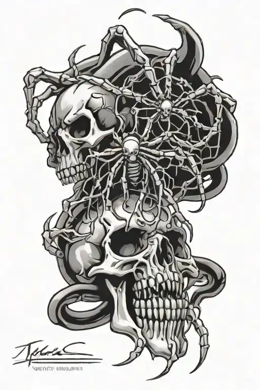 Skull vomiting spiders with cybersigilism tattoo design idea