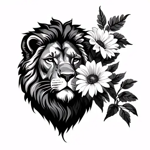 lion head tattoo holding flowers tattoo design idea