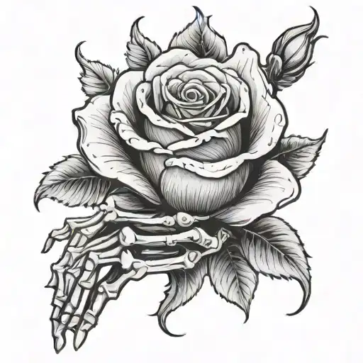 skeleton hand holding rose tattoo design idea