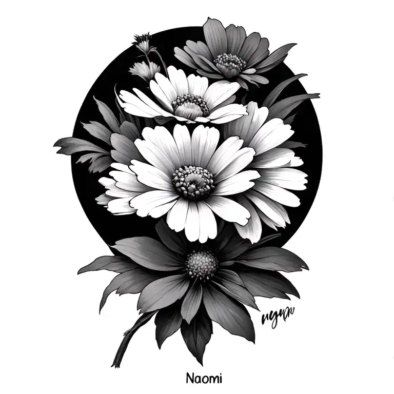 cosmos, marigolds with the name Naomi integrated  tattoo design idea