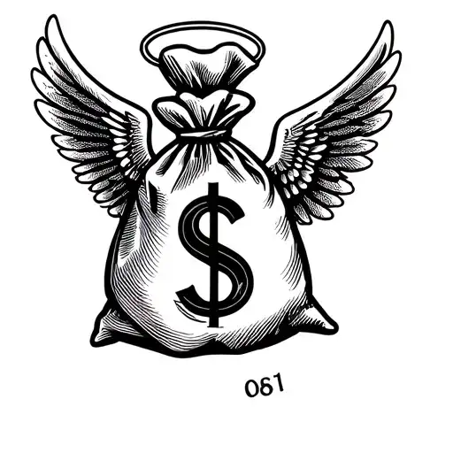 A dotwork design of a money bag with wings and a halo, symbolizing the gangster's belief in the power of wealth and the divine protection he receives in his criminal endeavors tattoo design idea
