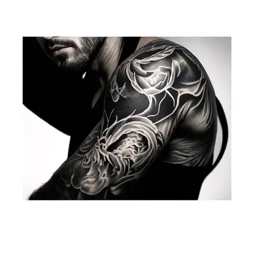 Ultra-realistic photorealistic digital manipulation of a full-sleeve tattoo on the man's arm in the image. The tattoo sh tattoo design idea