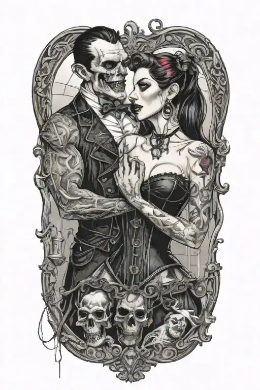 realistic scene of a sexy gothic pinup girl waering corset and fishnets being bitten by a scary male vampire tattoo design idea