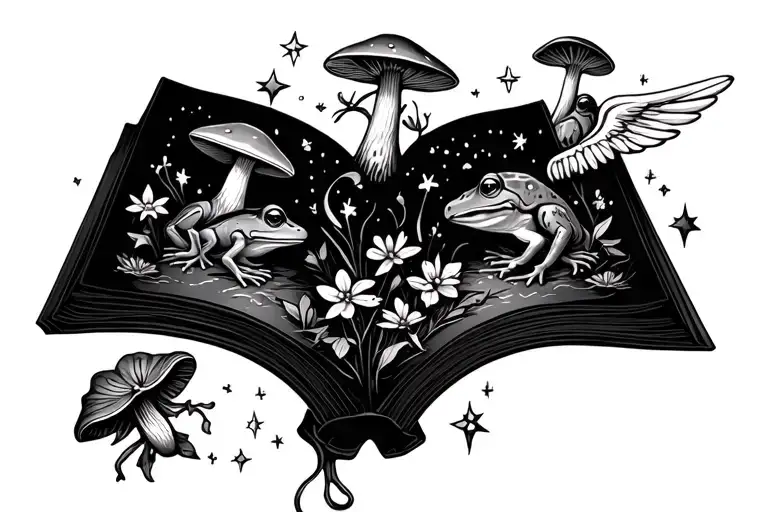 fantasy book open surrounded by frogs, twinkling stars, flowers, mushrooms, wings tattoo design idea