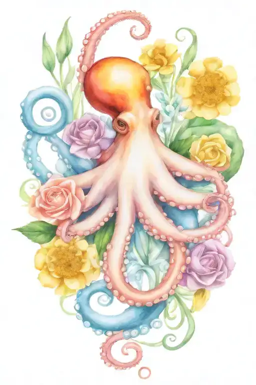 octopus, snowdrop, rose,  marigold flower tattoo design idea
