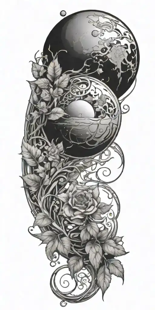 Planetary alignment with intricate plant vines tattoo design idea