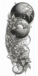 Planetary alignment with intricate plant vines tattoo design idea