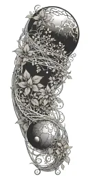 Planetary alignment with intricate plant vines tattoo design idea