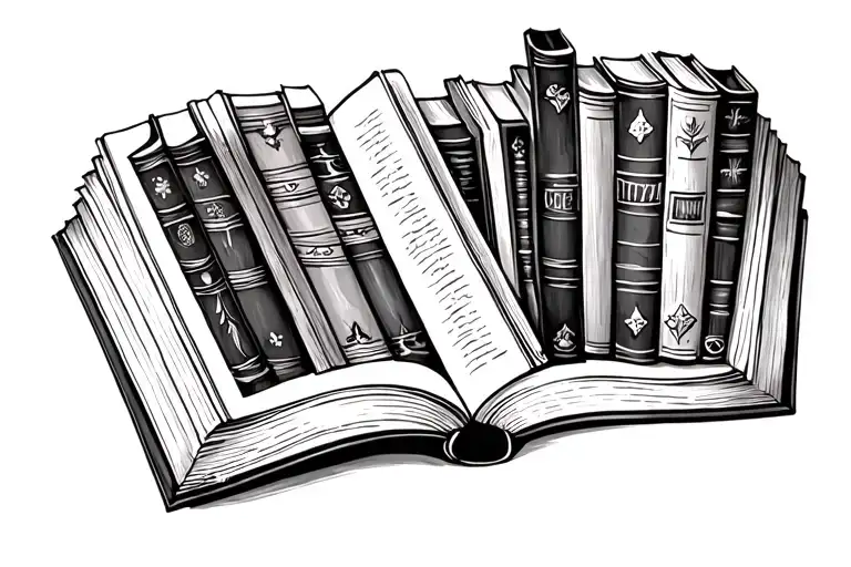 An opened book where there are bookshelves inside the opened pages tattoo design idea