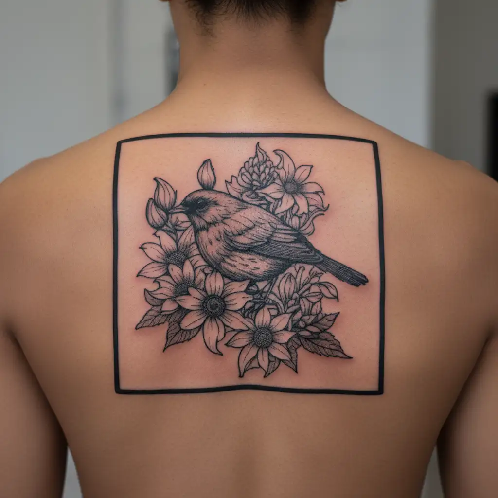 robin with mums, coneflowers, and  tattoo design idea