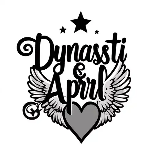 "Dynasti & April" "Dynasti & April" "Dynasti & April" name in shape of heart with wings and 5 point stars tattoo design idea