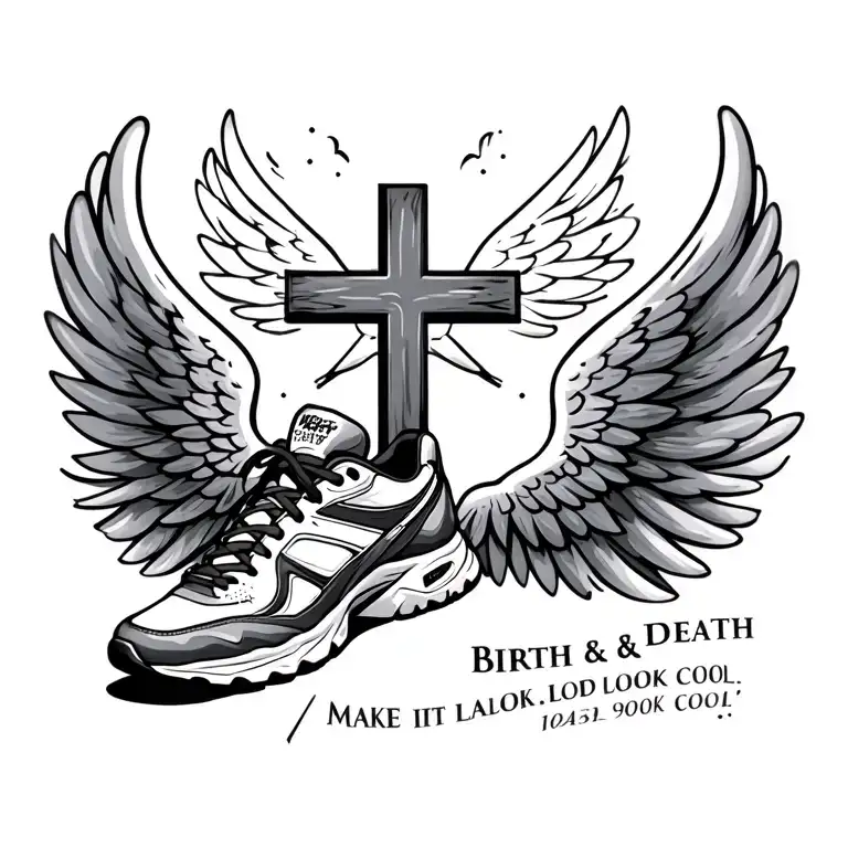 cross with running shoes with birth and death date maybe wings make it look cool tattoo design idea