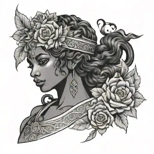 beautiful black women with flowers Greek goddess warrior  tattoo design idea