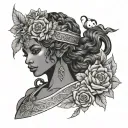 beautiful black women with flowers Greek goddess warrior  tattoo design idea