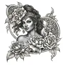 beautiful black women with flowers Greek goddess warrior  tattoo design idea