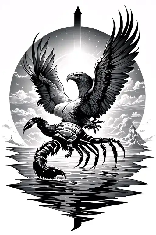  Scorpio on water, eagle fly on Earth, rising phoenix in sky, Sunrise Middle of Arrow tattoo design idea