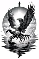  Scorpio on water, eagle fly on Earth, rising phoenix in sky, Sunrise Middle of Arrow tattoo design idea