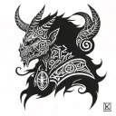 A futuristic cybernetic demon with Norse symbols integrated into its design tattoo design idea