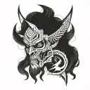 A futuristic cybernetic demon with Norse symbols integrated into its design tattoo design idea