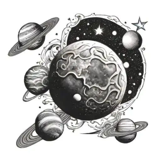 planets and moon and stars  name Jay   tattoo design idea